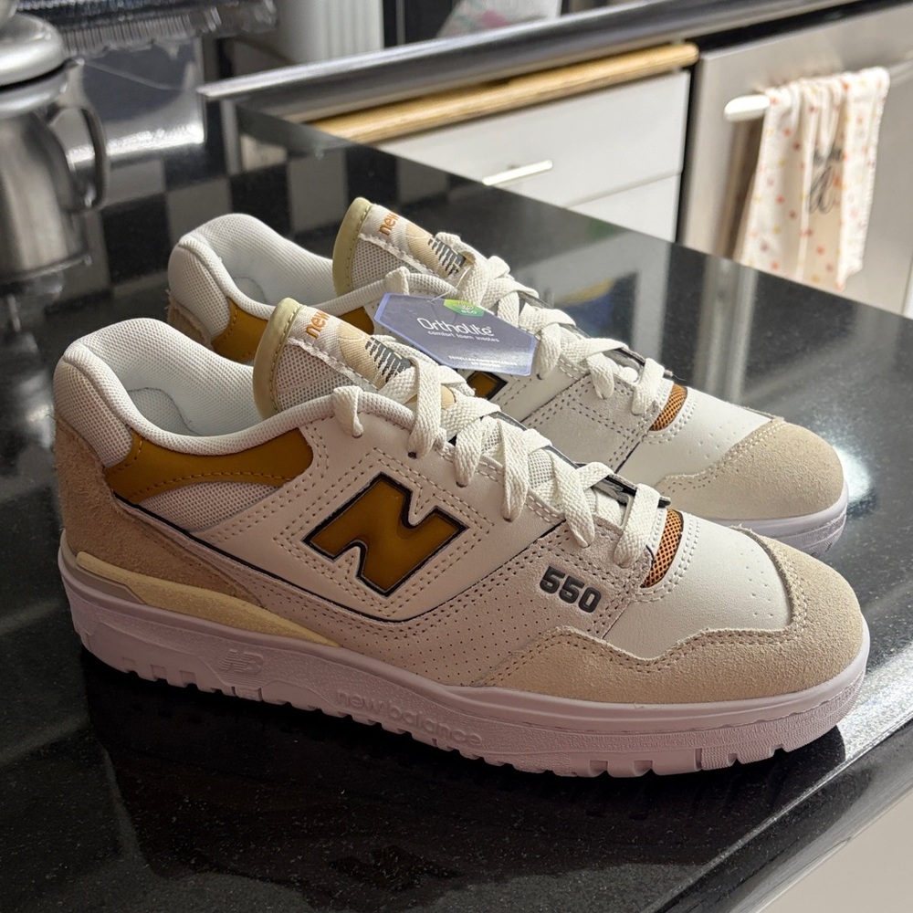 New Balance 550 White Cream Mustard Athletic Sneakers